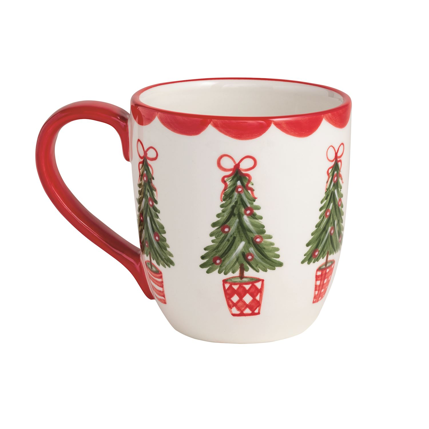 White ceramic mug with red handle, scalloped rim, and hand-painted Christmas trees in red pots.
