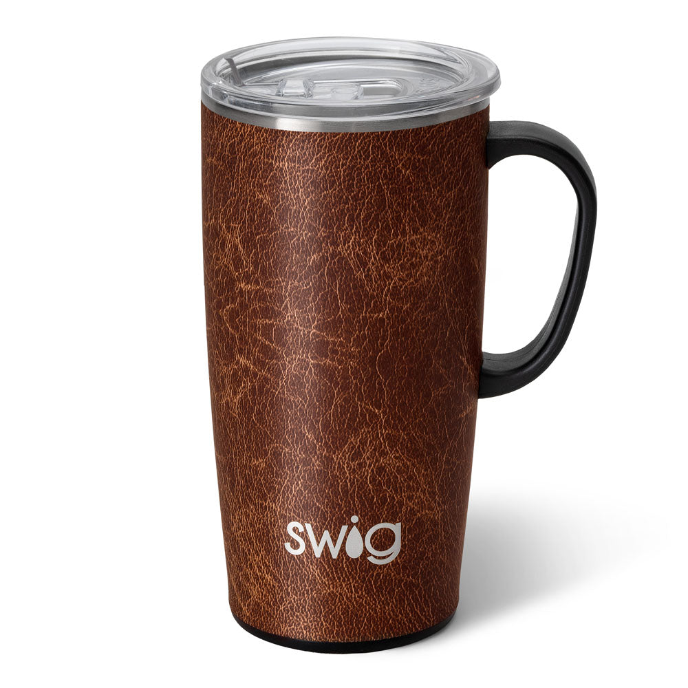 Silver stainless steel travel mug with a black silicone base and lid slider.