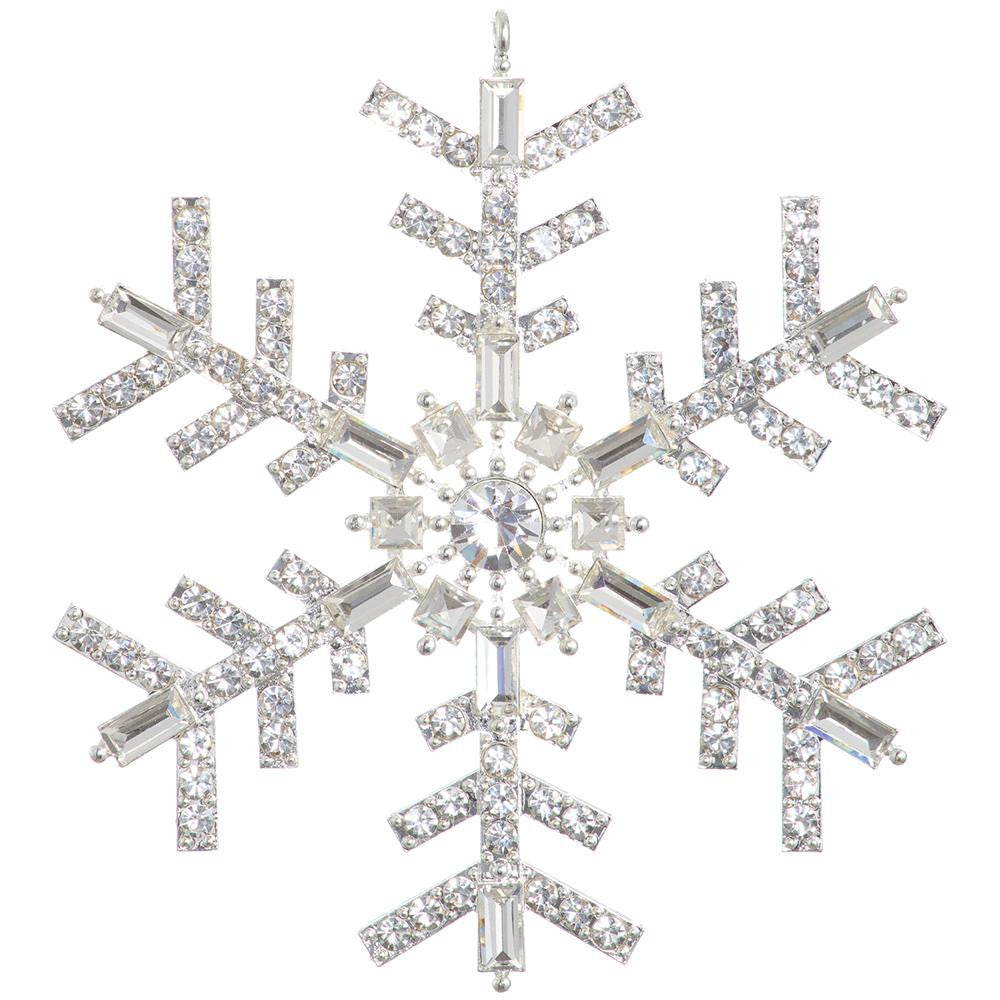 4-inch clear diamond snowflake ornament made of metal and glass with shimmering crystals.