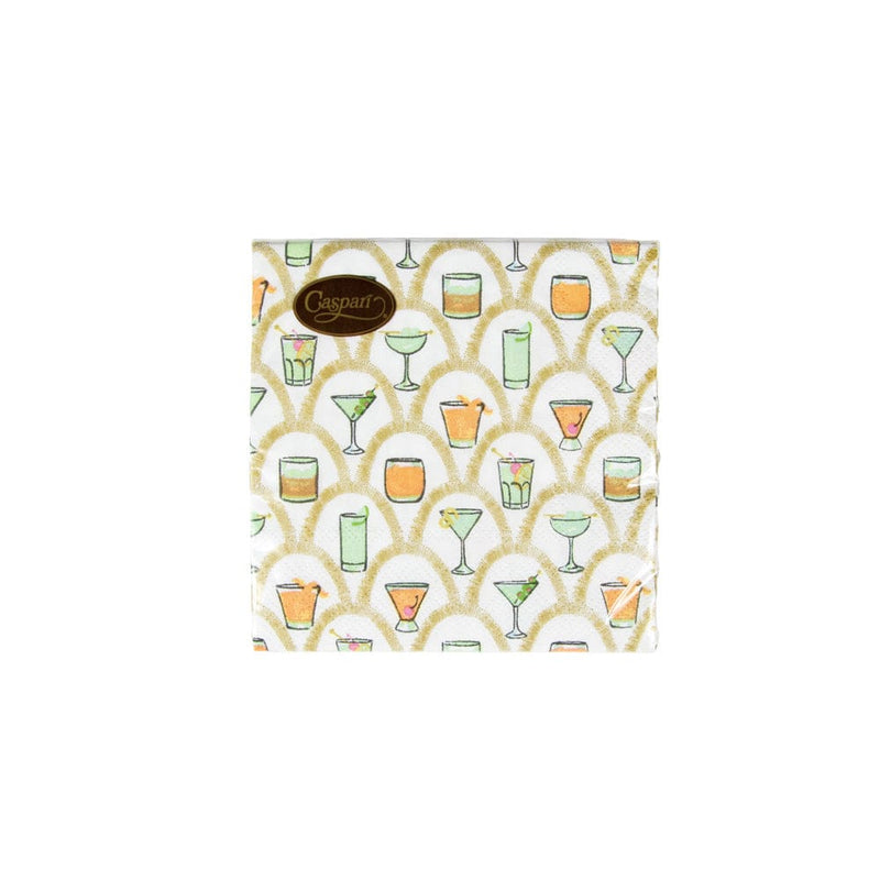 Packaged cocktail napkins with printed designs on triple-ply material.