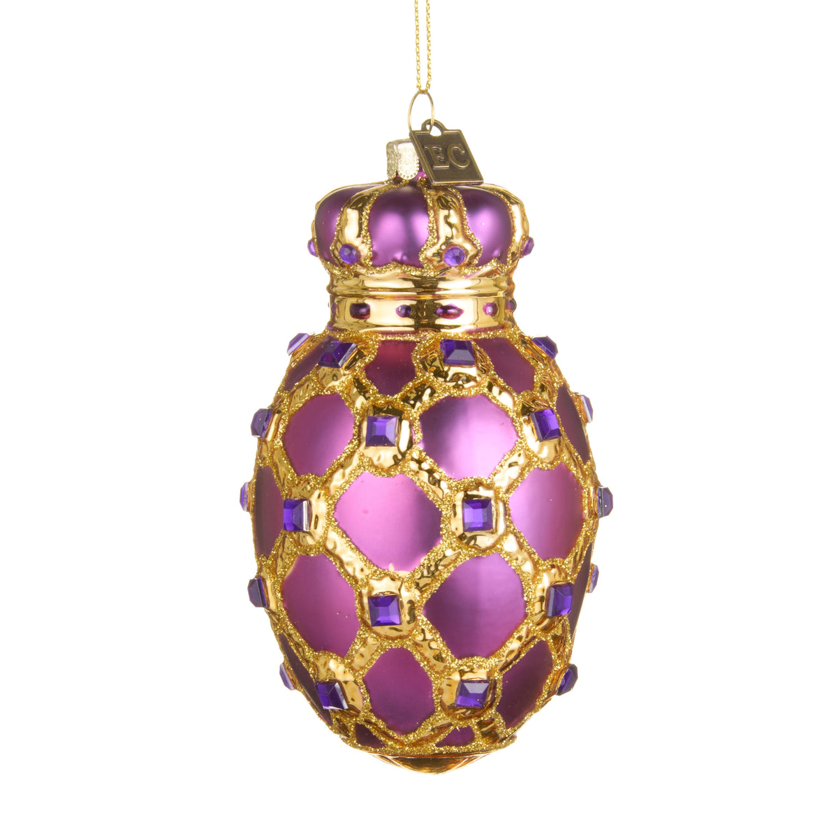 4.5-inch purple garnet egg ornament with gold lattice design and square purple gemstone accents.