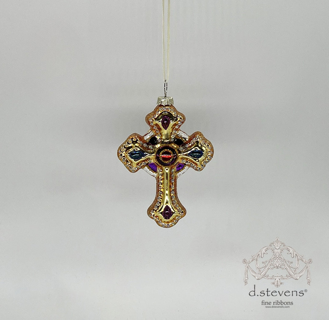 4.75-inch dark gold glass cross ornament with purple and blue gem-tone accents.