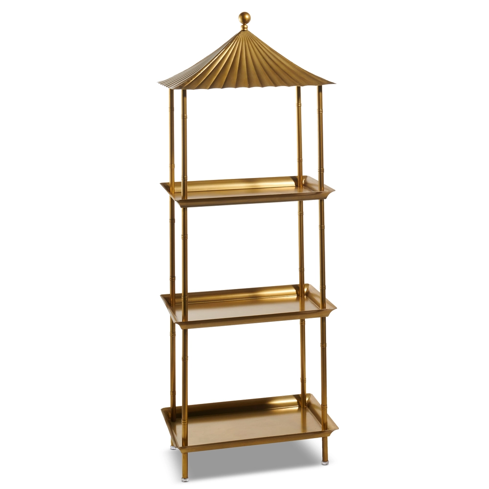 Gold iron pagoda-style shelf with removable tiers measuring 60 inches tall.