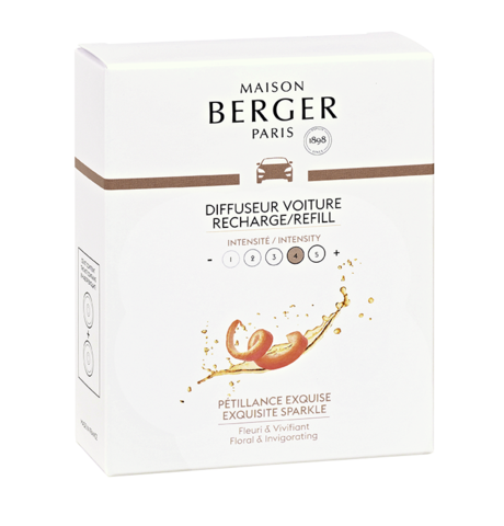 Maison Berger Paris car diffuser refill box with intensity settings and "Exquisite Sparkle" scent description.
