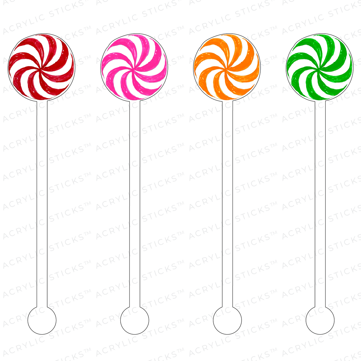 Set of four clear acrylic stir sticks with smooth cylindrical handles.