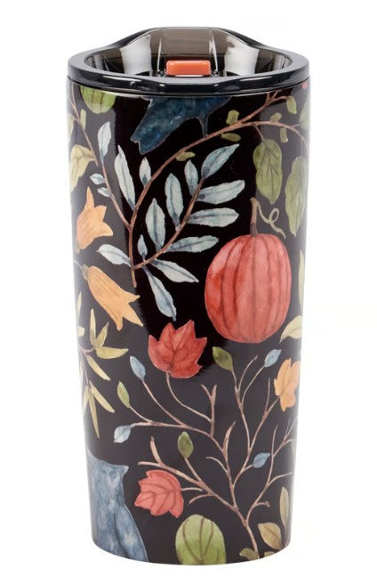20 oz. black stainless steel coffee tumbler with fall floral, pumpkin, and leaf illustrations.