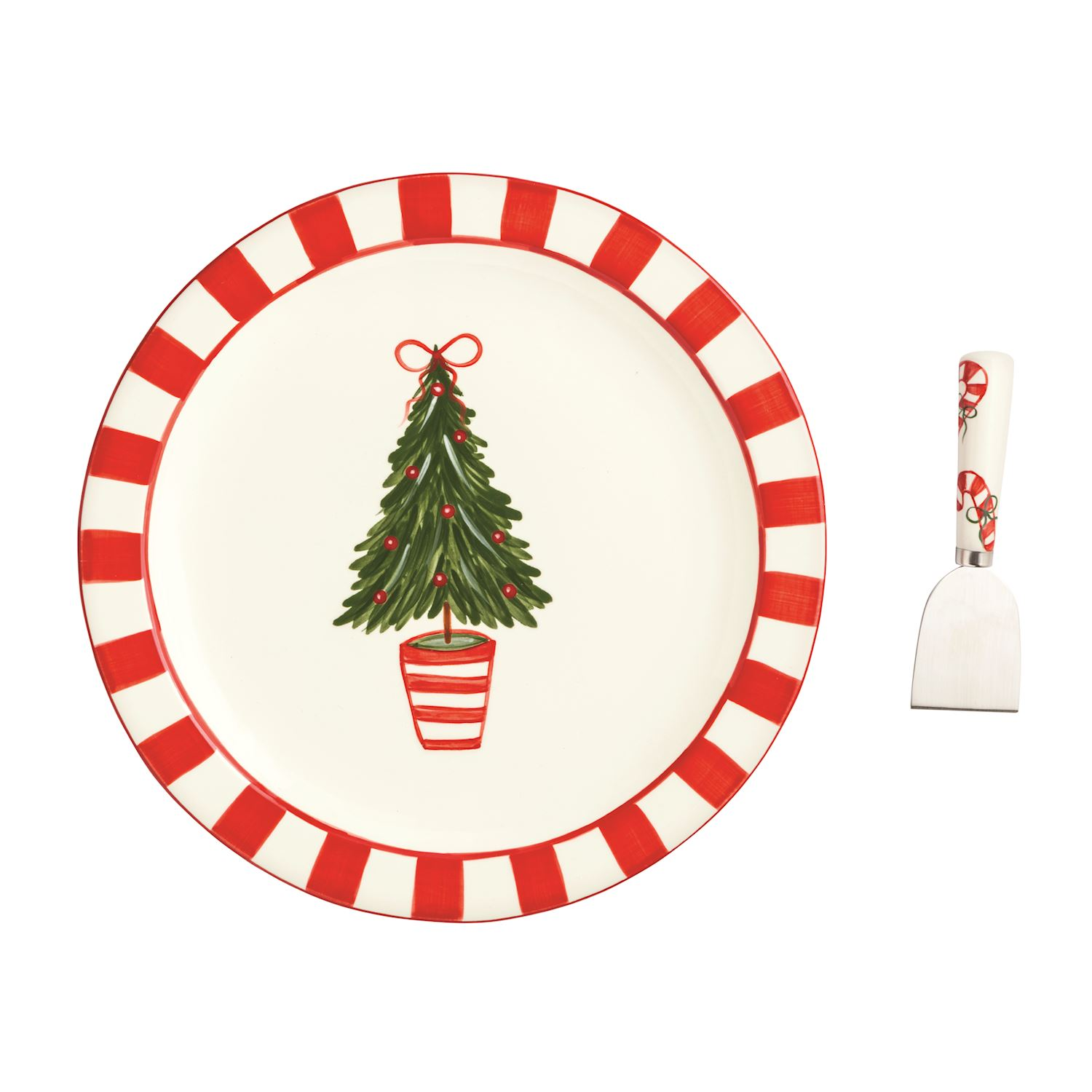 Ceramic cookie plate with a Christmas tree design and red striped border, plus a matching spatula.