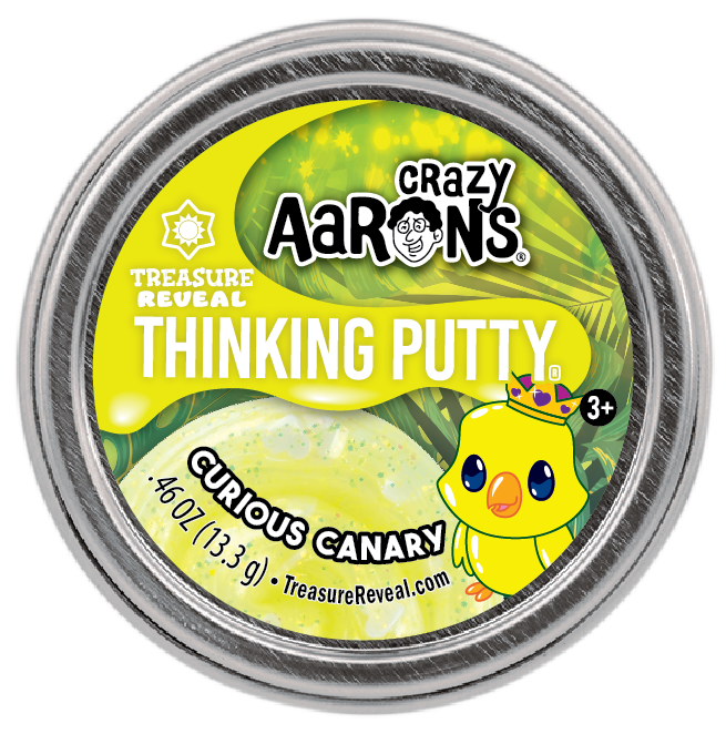Treasure Reveal Thinking Putty in blue silicone with a clear window revealing colorful surprise figures inside.