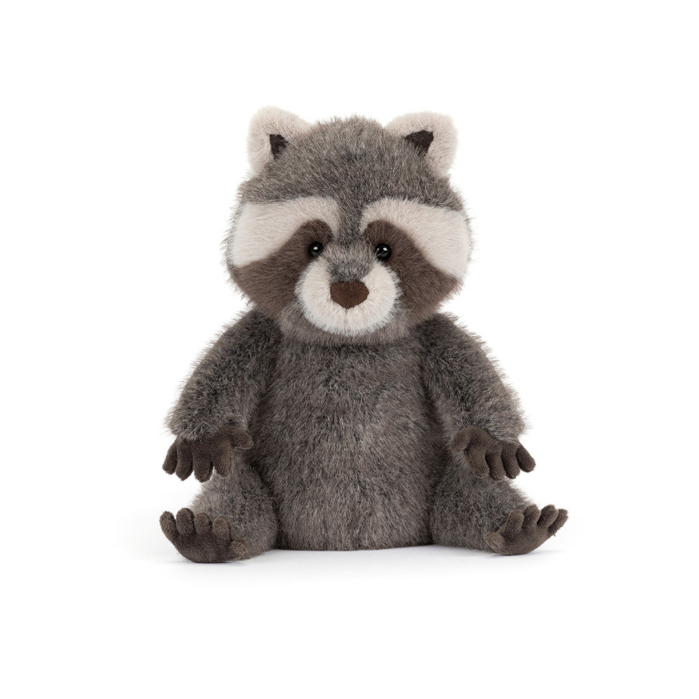 Trixiwoo Raccoon plush toy with grey fur, white facial markings, and a brown nose sitting upright.