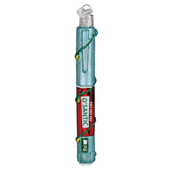 Red festive injection pen-shaped ornament with white text reading Ho Ho Ho O'santic.