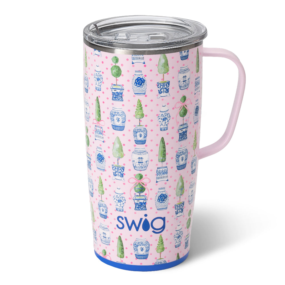 Silver stainless steel travel mug with a black silicone base and lid.