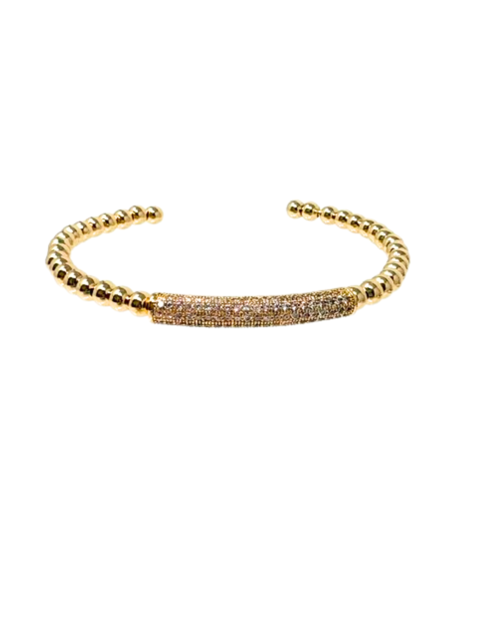 Gold dipped cuff bracelet with a beaded band and a central bar featuring multi-row pave CZ stones.