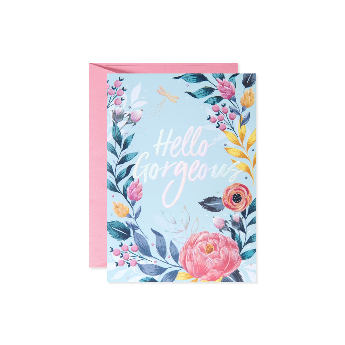 A light blue "Hello Gorgeous" card with a floral border and a pink envelope.