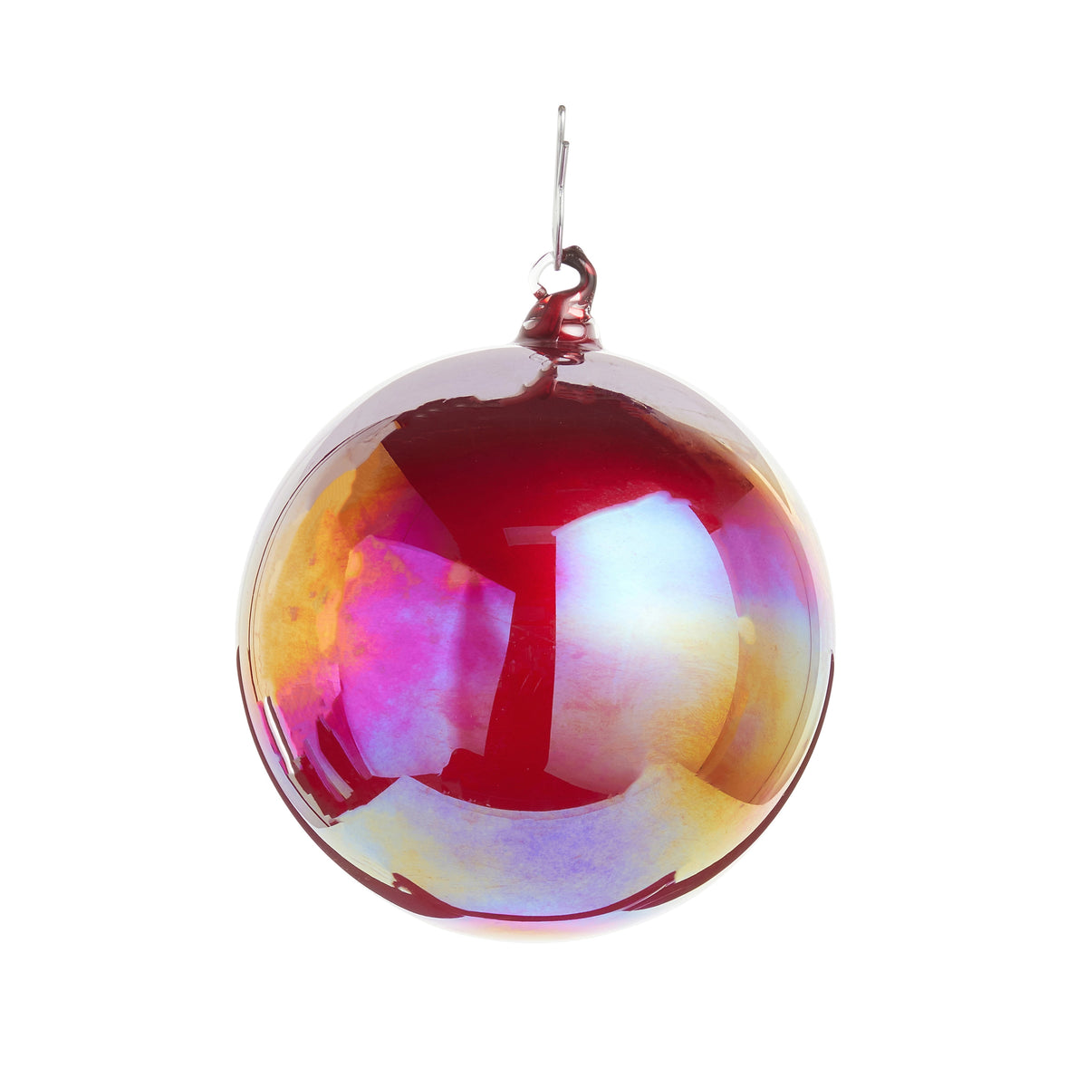 Iridescent glass ball ornament with a radiant red and multi-colored shimmering finish.