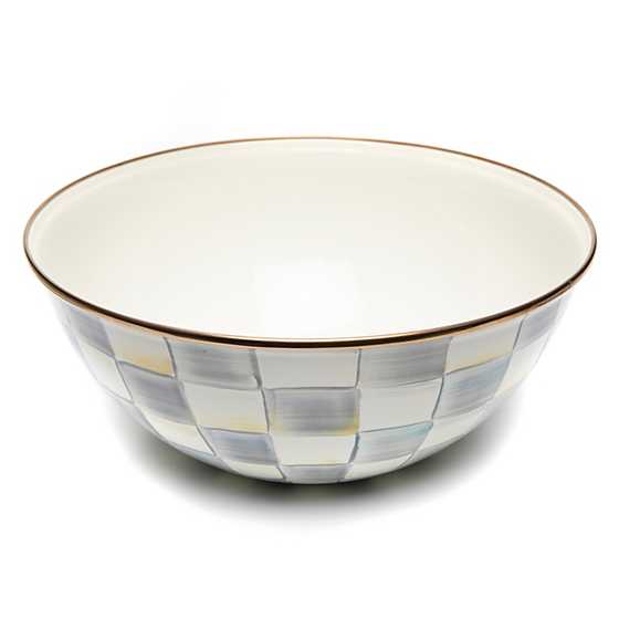 Sterling Check Enamel Everyday Bowl with hand-painted grey and white checks and a bronzed rim.