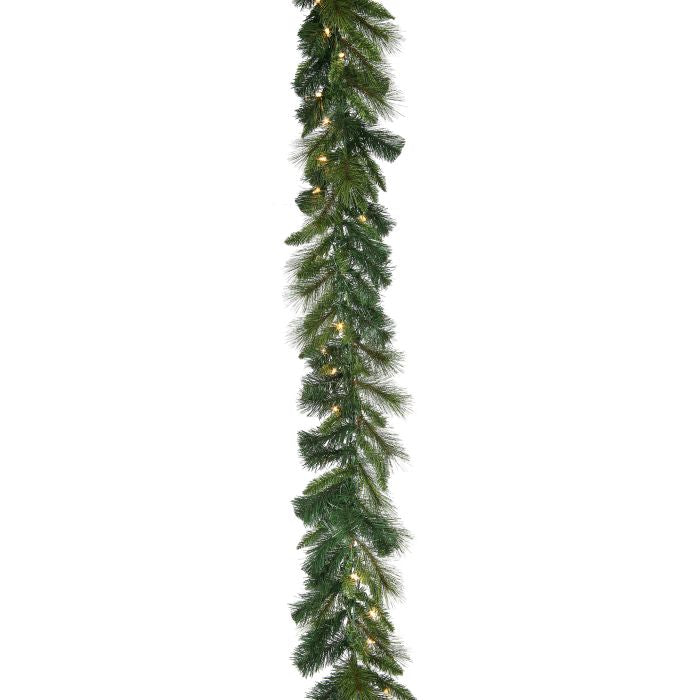 9-foot Lit Belgium Mix Garland with warm white lights and dense green pine needles.