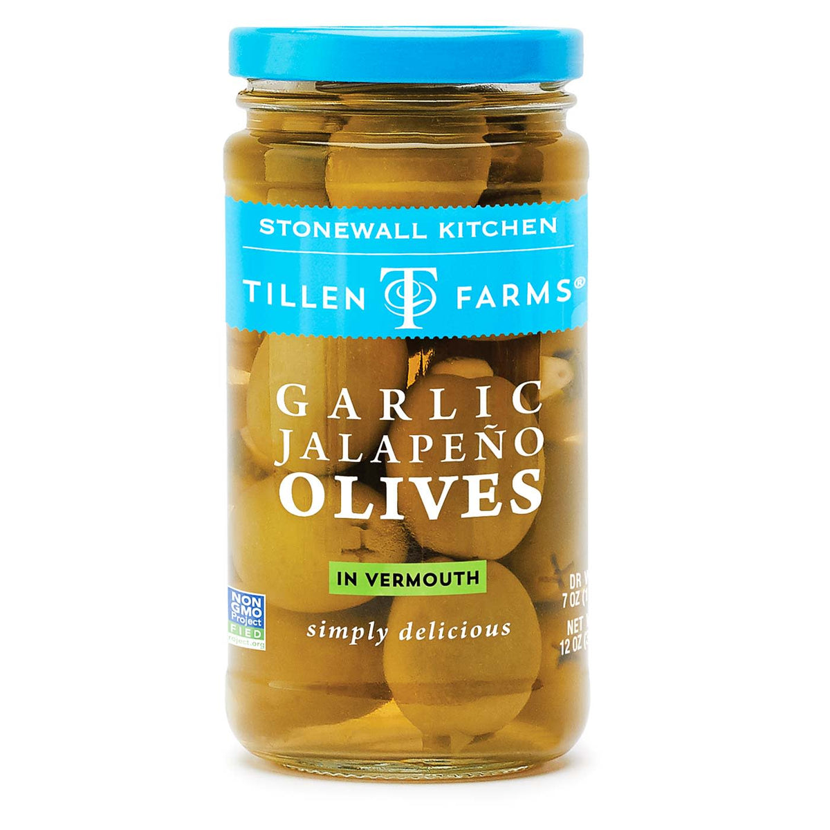 12oz jar of Stonewall Kitchen Tillen Farms Garlic Jalapeño Olives in Vermouth.