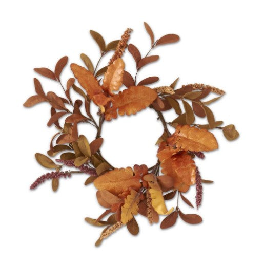 12-inch candle ring with rust and brown silk leaves and burgundy accents on a white background.
