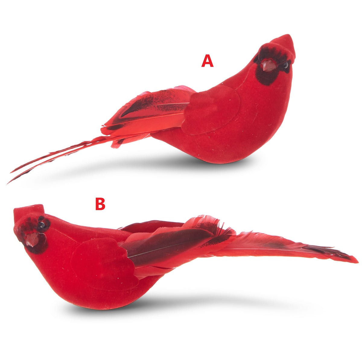 Polyfoam cardinal ornament with red body, black tail feathers, white chest accents, and gold beak.