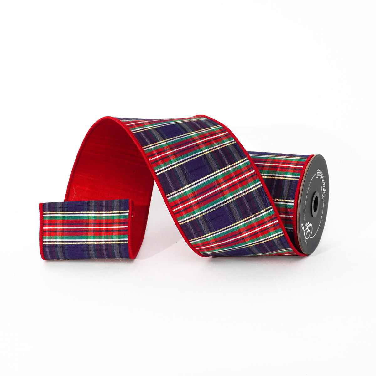 Christmas plaid ribbon with a red velvet backing, featuring green, red, and gold stripes.