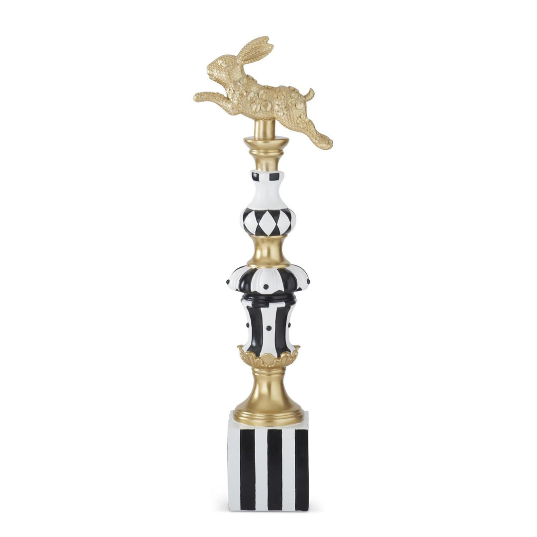 Polyresin prancing Easter bunny finial in gold with black and white accents