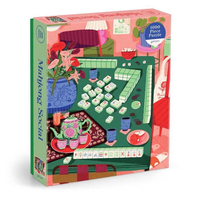 Mahjong Social 1000 Piece Puzzle box featuring a colorful illustration of a Mahjong game setup.