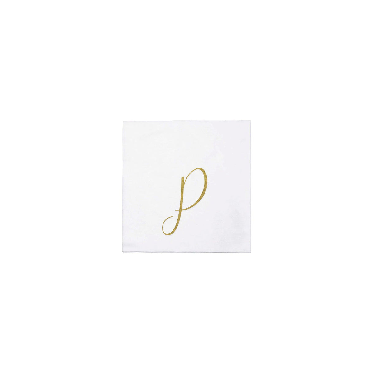 White Papersoft cocktail napkin with a gold script monogram letter P in the center.