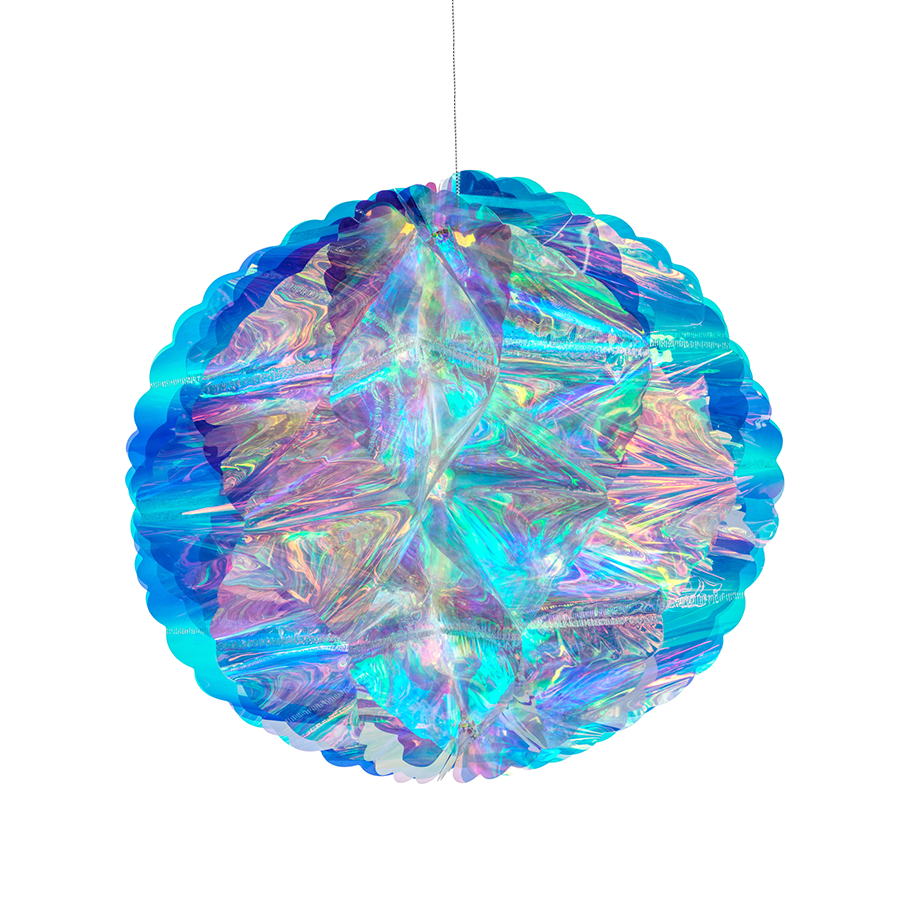 Iridescent deco ball ornament with a shimmering metallic finish.