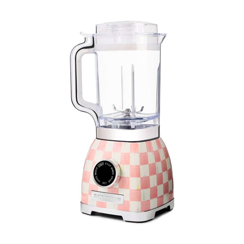 Rosy Check Blender with pink and white checkered base, clear pitcher, and silver accents.