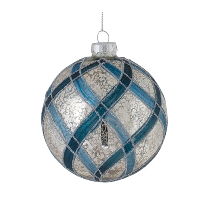 Glass Christmas ornament with a silver crackle finish and a blue diamond lattice pattern.
