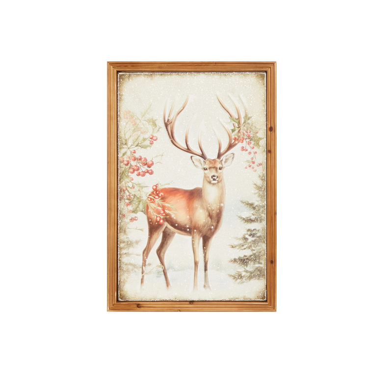 24-inch Yule Stag metal wall decor in a wooden frame featuring a stag and winter berries.
