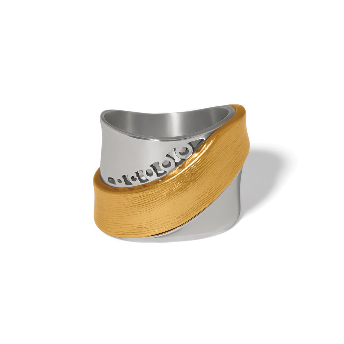 Inner Circle Band Ring with a wide two-tone silver and textured gold-finish wrap design.