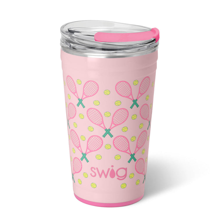 Pink 24oz insulated stainless steel party cup with a tennis racket and ball pattern.