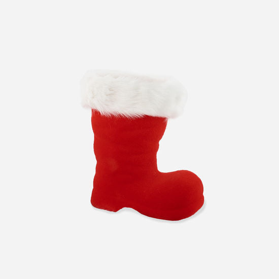 Large red flocked boot with a white faux fur trim.