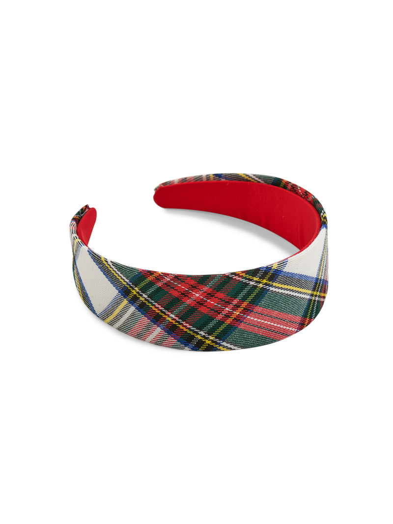 Plaid wide headband with a red, green, and white tartan pattern and a red padded interior.