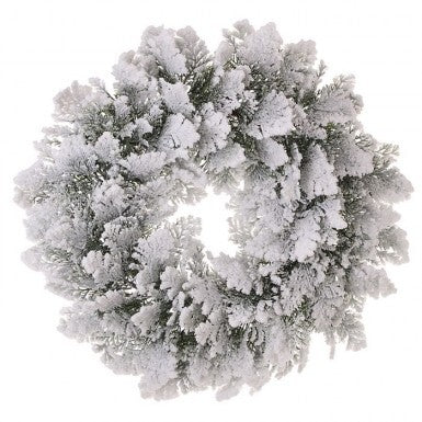 22-inch Snowy Acadia Cedar Wreath with dense, flocked evergreen branches in a circular design.