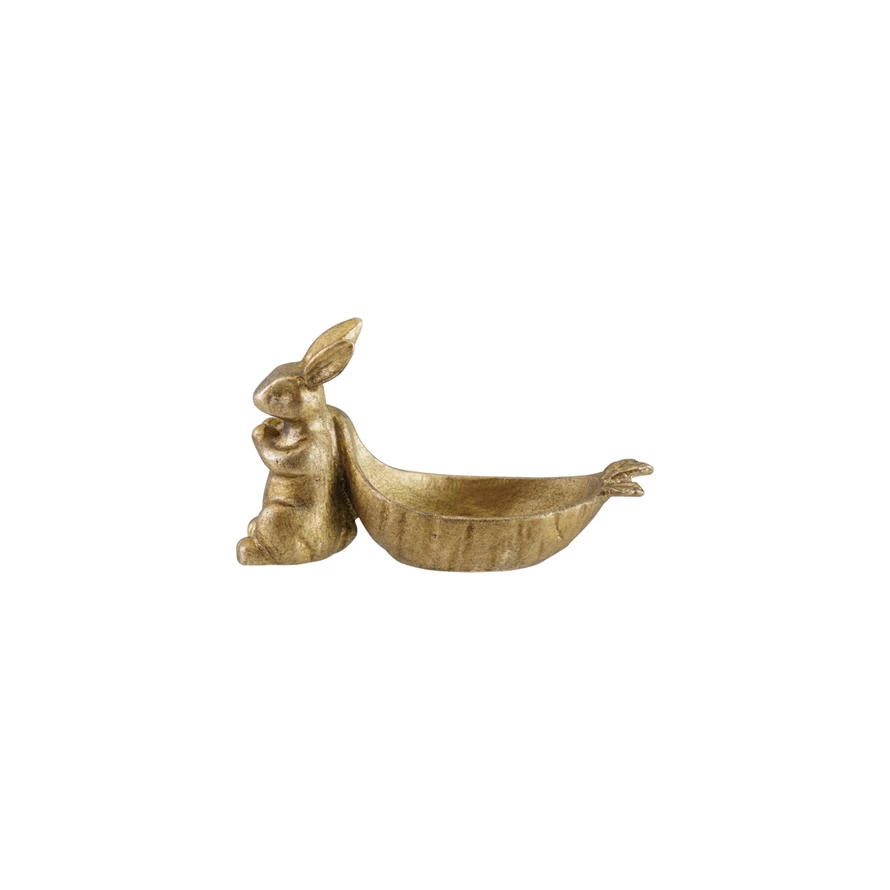 Decorative pewter dish with antique gold finish shaped like a rabbit pulling a carrot