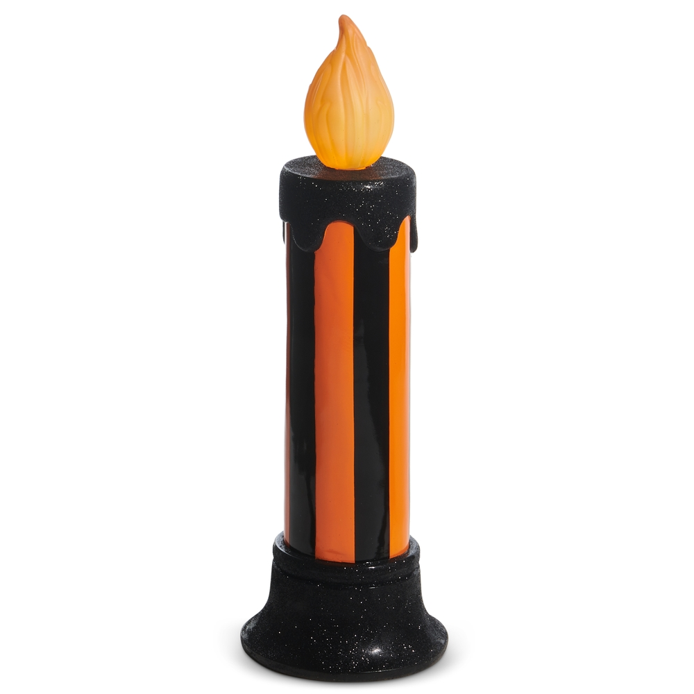 29-inch battery operated candle with orange and black stripes, a glittery base, and a faux flame.