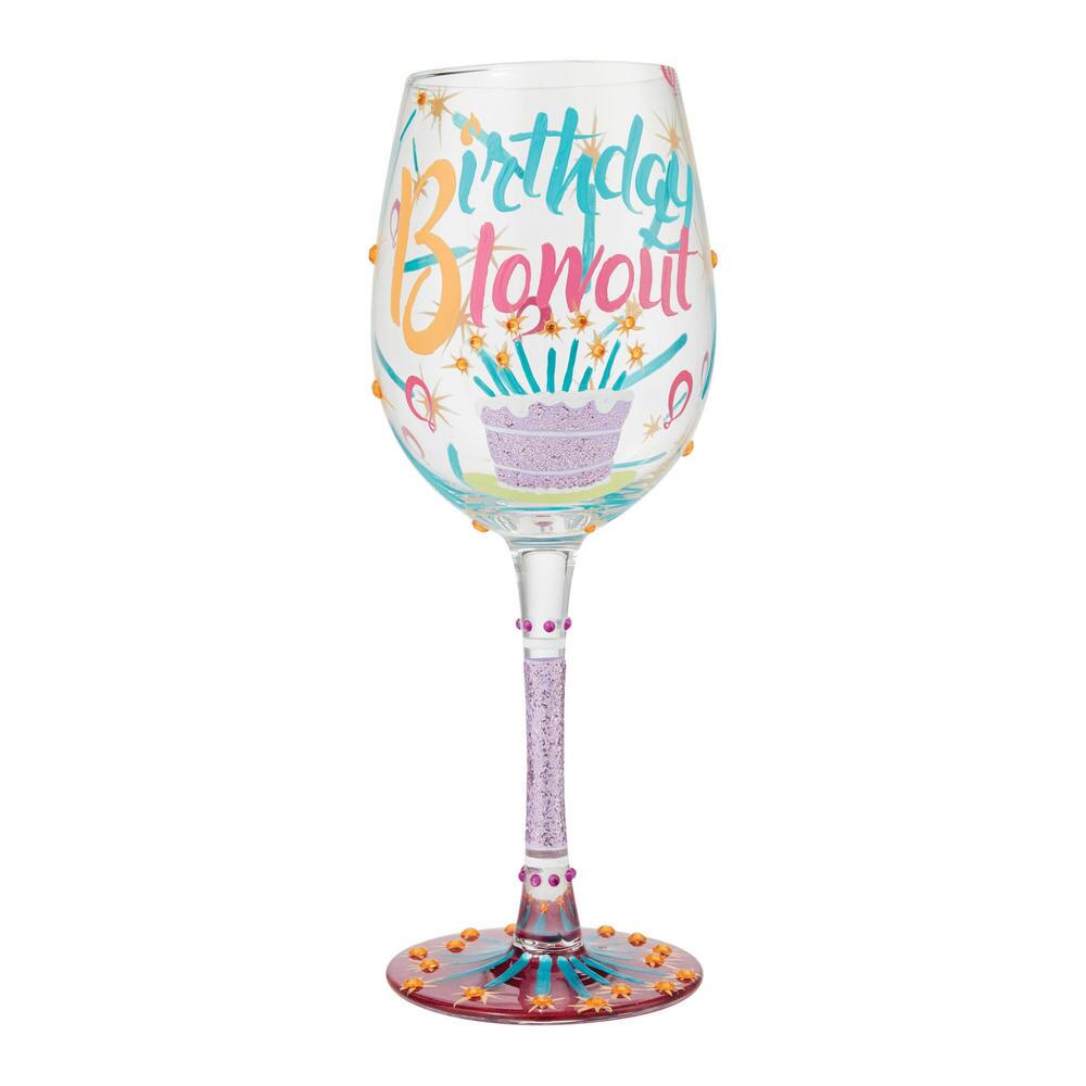 Blown glass wine glass with hand-painted colorful cocktail recipe base and glitter accents.