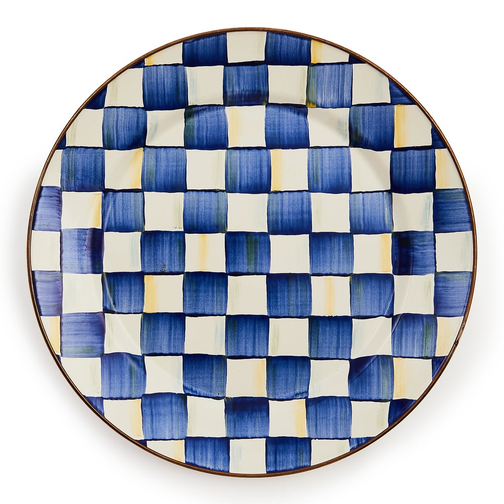 12-inch Royal Check enamel charger plate with hand-painted blue and white checks and bronze rim.