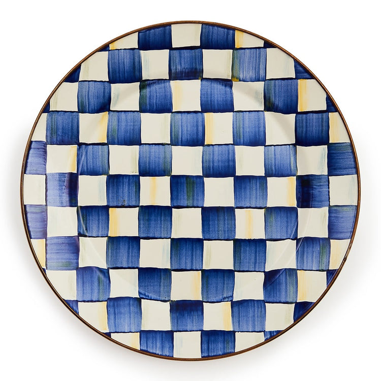 12-inch Royal Check enamel charger plate with hand-painted blue and white checks and bronze rim.