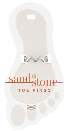 Silver zigzag-shaped toe ring displayed on a foot-shaped Sand & Stone branded card.