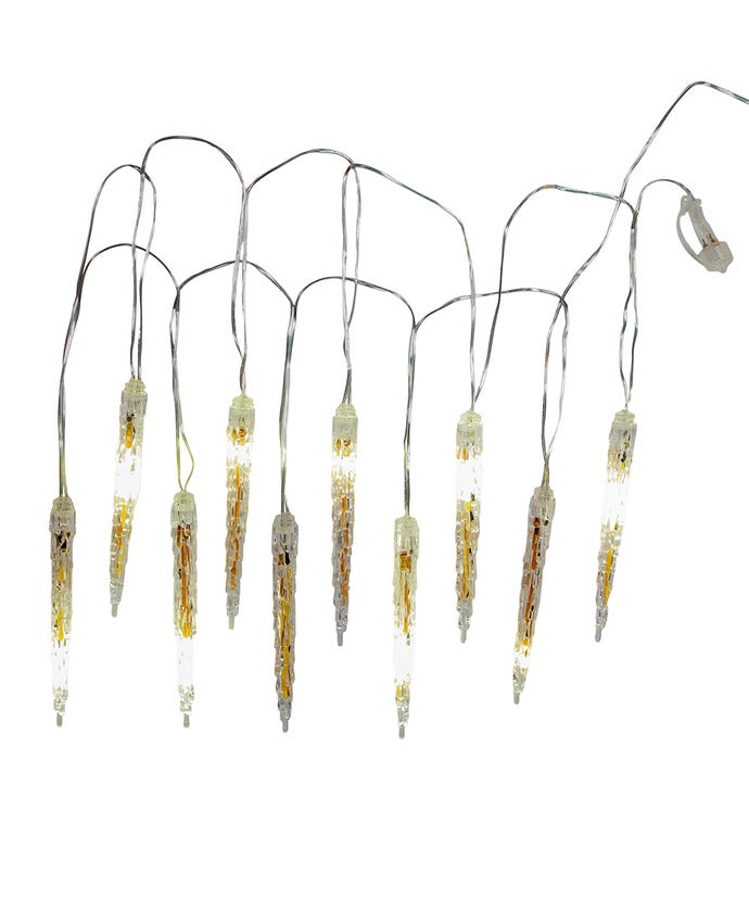 Ten cool white LED icicle lights on a plastic frame with copper wiring.