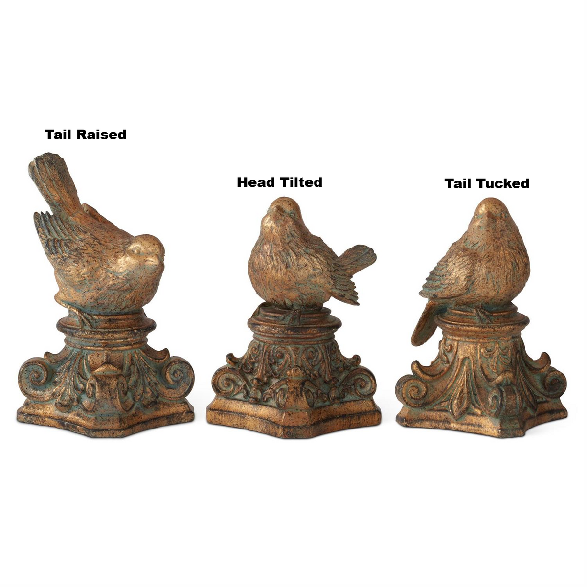 Three gold patina resin bird figurines on scroll pedestals in tail raised, head tilted, and tucked.
