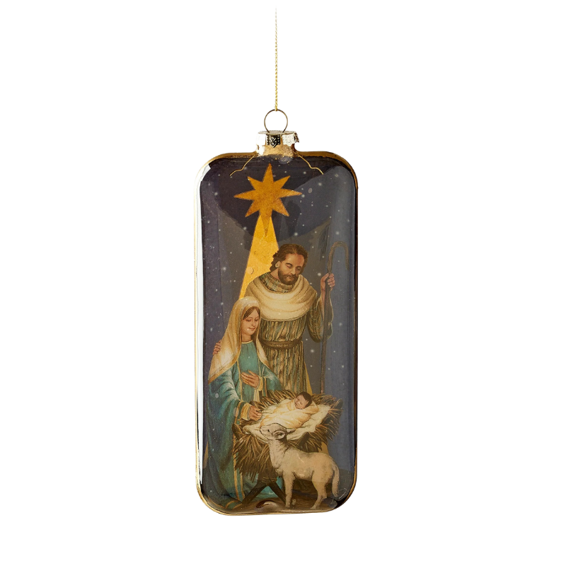 5-inch rectangular glass ornament featuring a painted nativity scene with Mary, Joseph, and Jesus.