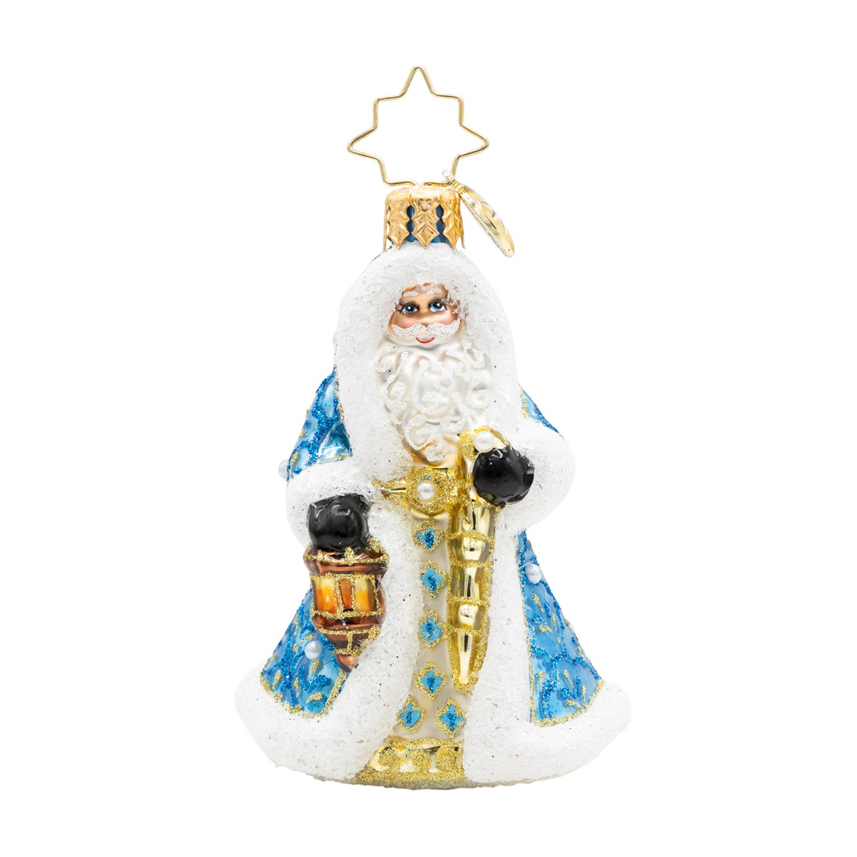 Gilded Grandeur Santa ornament in a blue satin coat holding a golden staff and lantern.