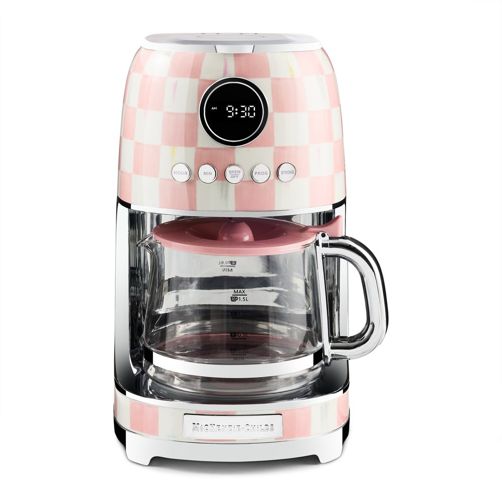 Rosy Check Drip Coffee Maker with pink and white checkered pattern, digital clock, and glass carafe.
