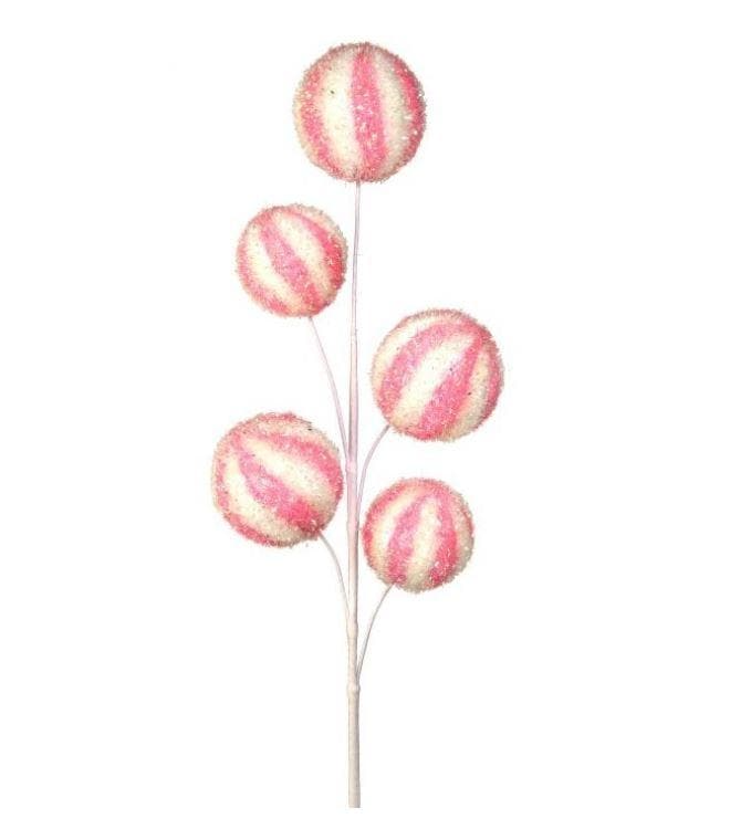28-inch decorative spray featuring five pink and white striped candy balls with a sparkling finish.