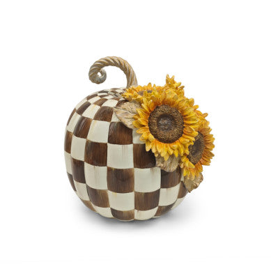 Chocolate check sunflower pumpkin with a black-and-white gingham pattern.