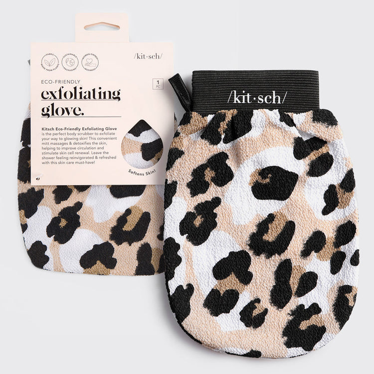 Leopard print eco-friendly exfoliating glove with plant-based rayon material in a soft fabric texture.